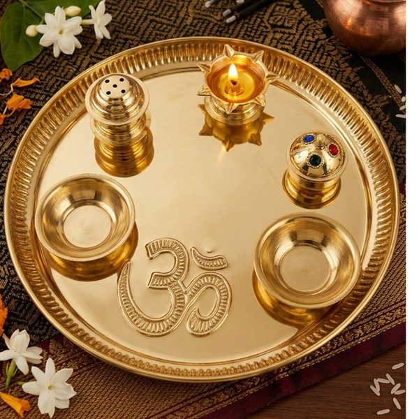 Pooja Thali Set in Brass with Attached Diya, Sindoor Box and Bowls | 9 Inch