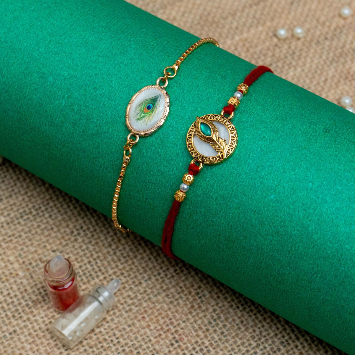 Peacock Feather Rakhi For Bhaiya Bhabhi  (Roli + Chawal)