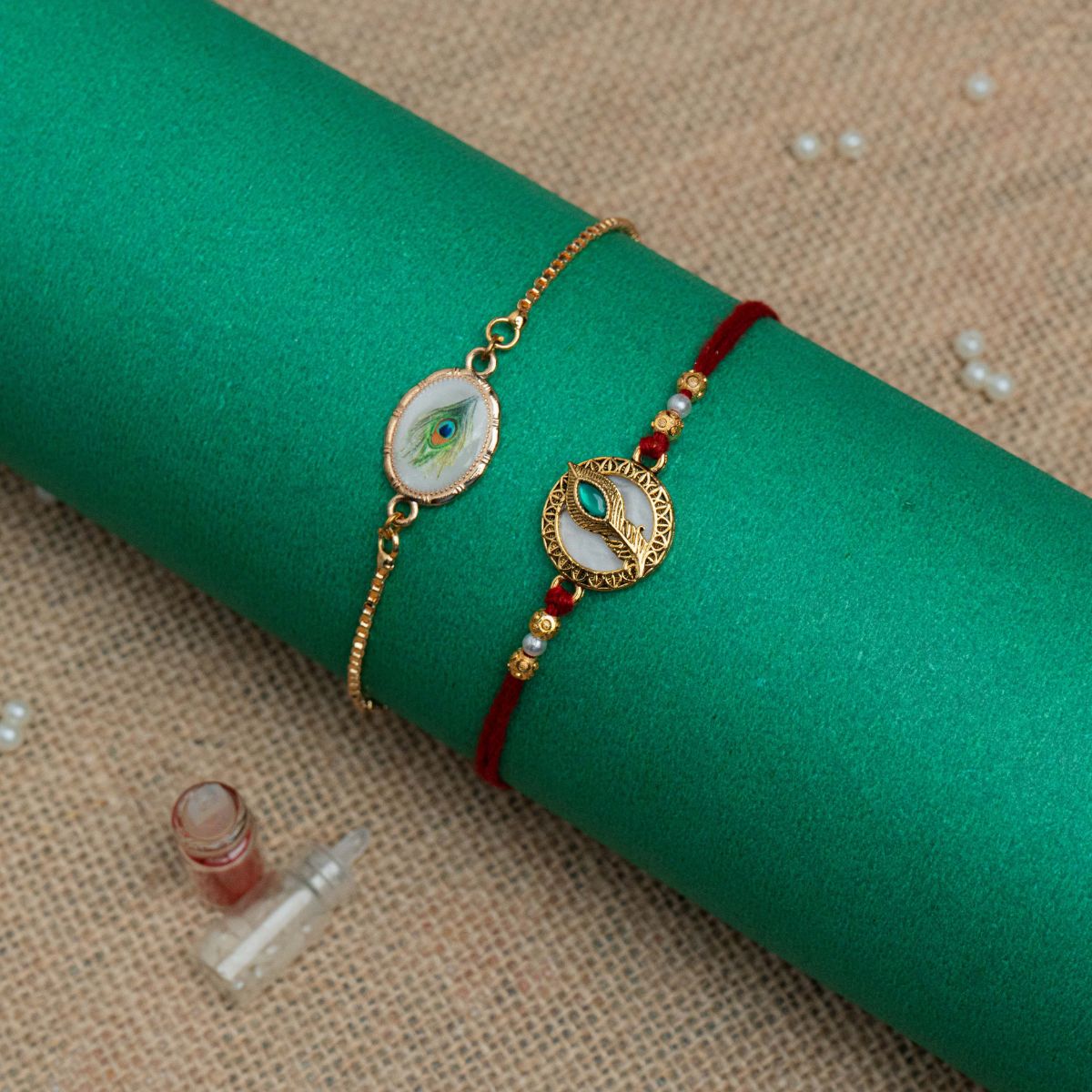 Peacock Feather Rakhi For Bhaiya Bhabhi  (Roli + Chawal)
