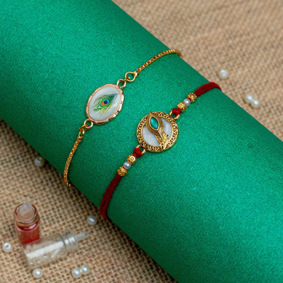 Peacock Feather Rakhi For Bhaiya Bhabhi  (Roli + Chawal)