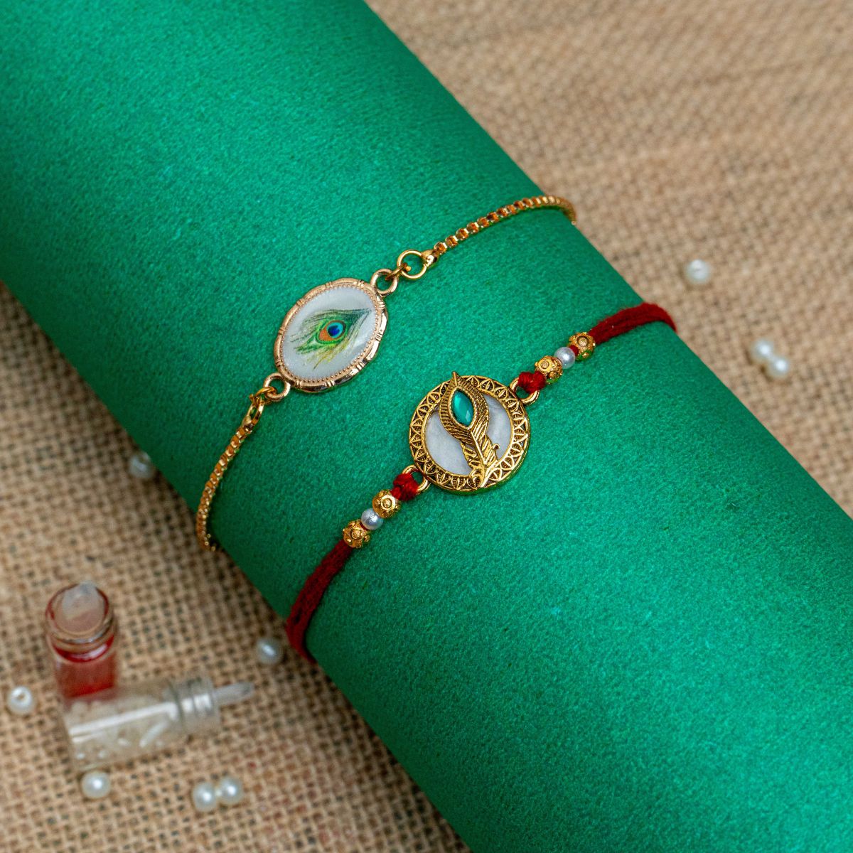 Peacock Feather Rakhi For Bhaiya Bhabhi  (Roli + Chawal)