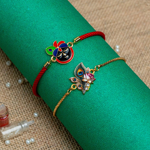 Srinath & PeacockFeather with Lotus Thread Rakhi for Bhaiya Bhabhi (Roli + Chawal)