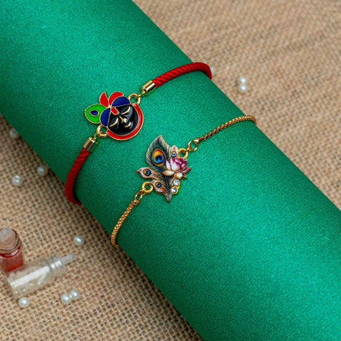 Srinath & PeacockFeather with Lotus Thread Rakhi for Bhaiya Bhabhi (Roli + Chawal)