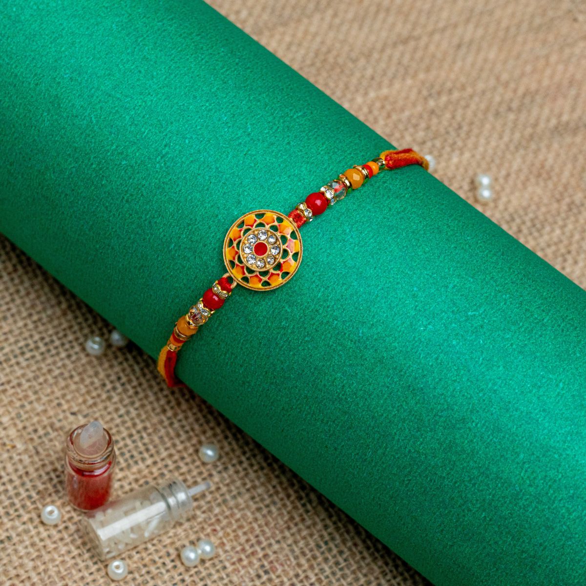 Meenakari Yellow Rakhi For Brother With Roli Chawal