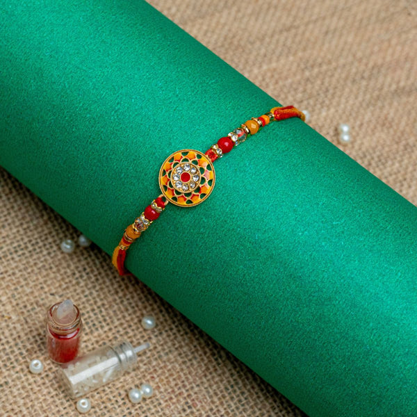 Meenakari Yellow Rakhi For Brother With Roli Chawal