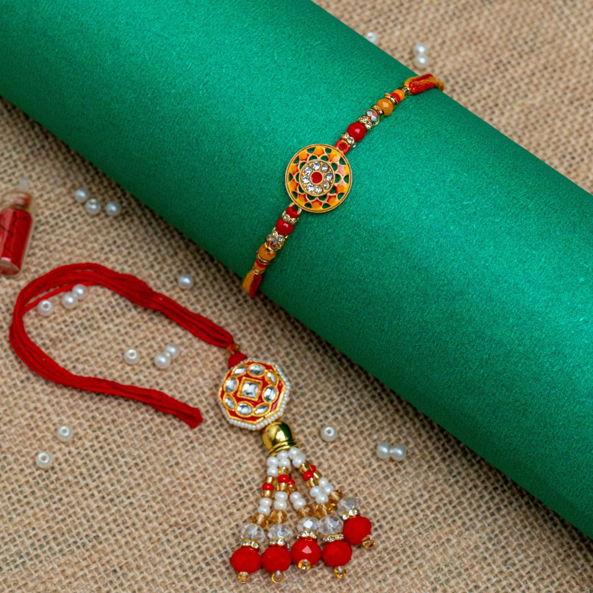 Meenakari Yellow Rakhi with Red Lumba for Bhaiya Bhabhi (Roli + Chawal)