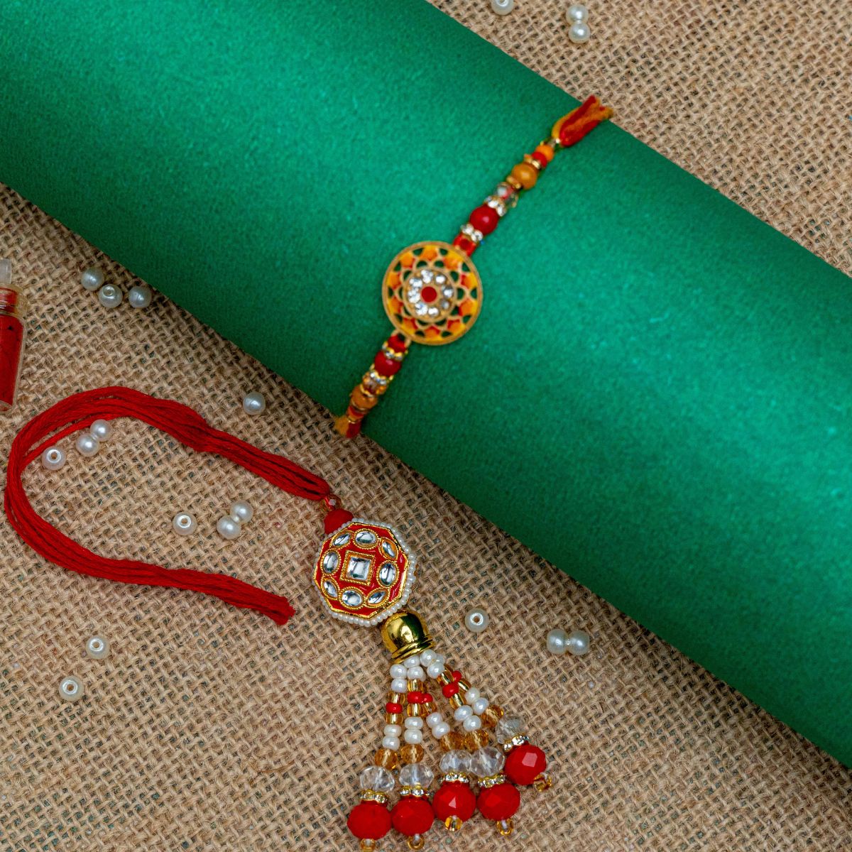 Meenakari Yellow Rakhi with Red Lumba for Bhaiya Bhabhi (Roli + Chawal)