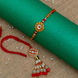 Meenakari Yellow Rakhi with Red Lumba for Bhaiya Bhabhi (Roli + Chawal)