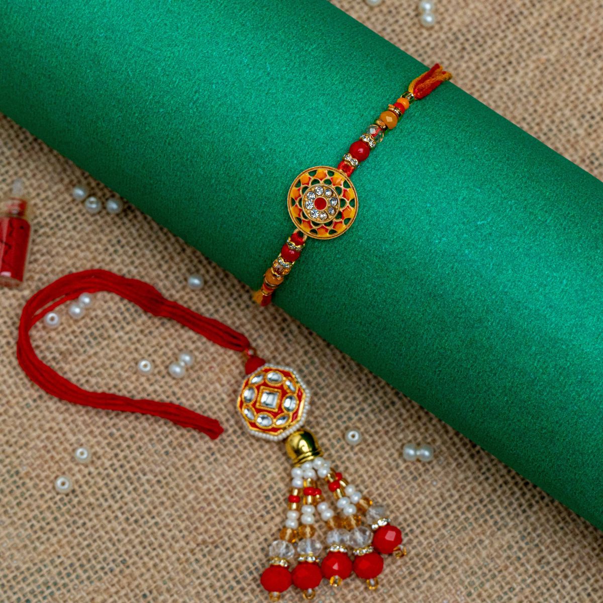 Meenakari Yellow Rakhi with Red Lumba for Bhaiya Bhabhi (Roli + Chawal)