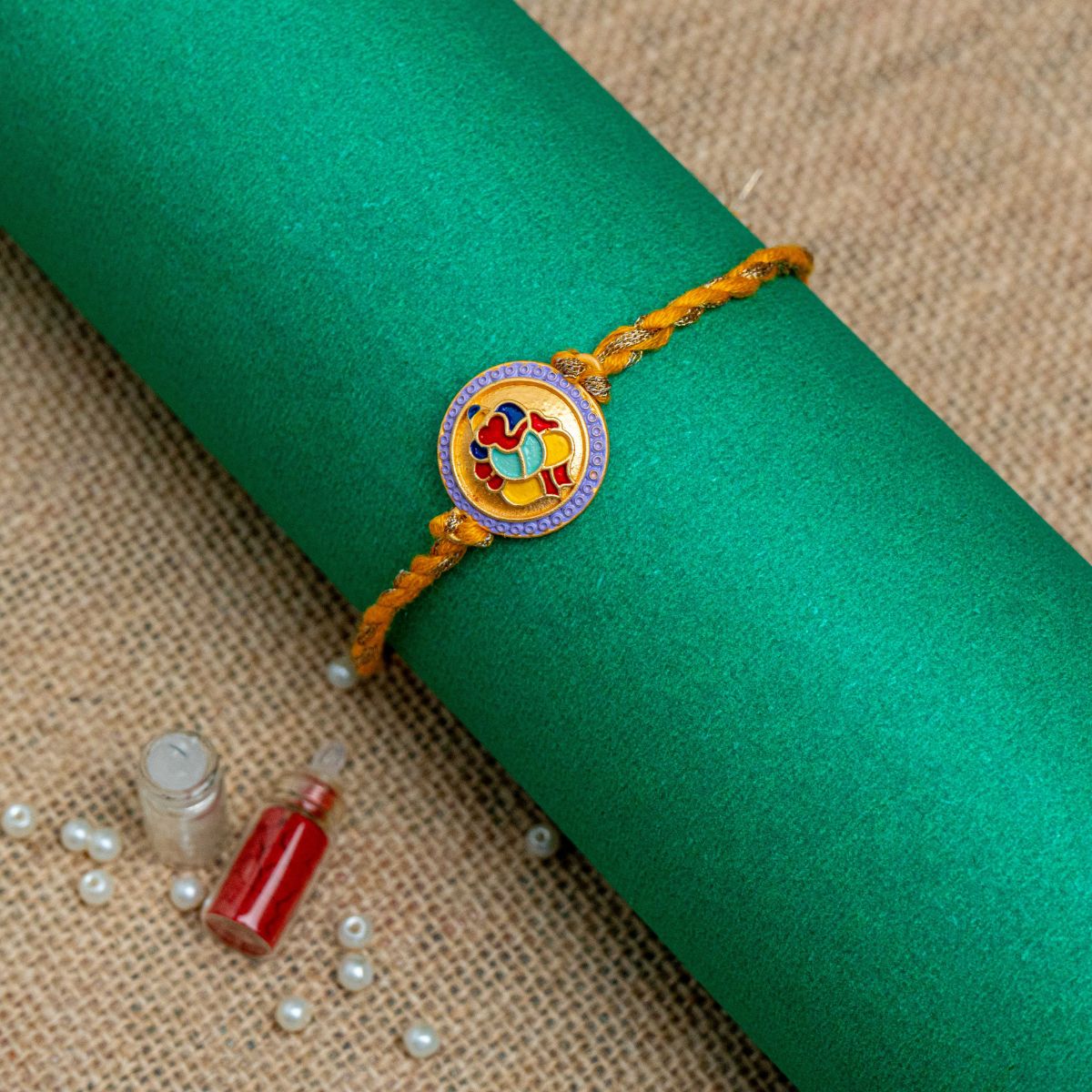 Ganesha Thread Rakhi for Brother With Roli Chawal (Yellow)