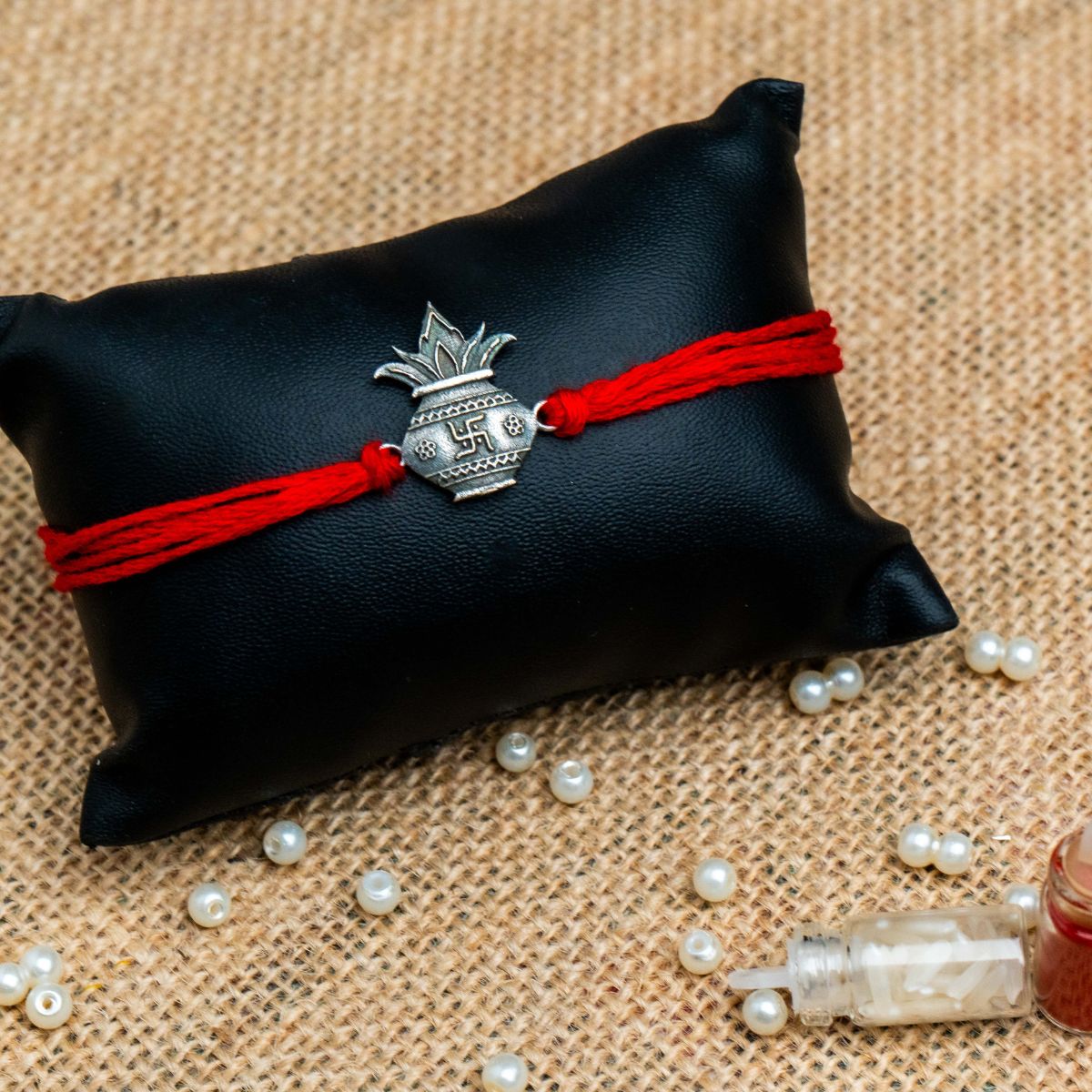 Kalash Silver Oxidized Thread Rakhi for Brother with Roli Chawal