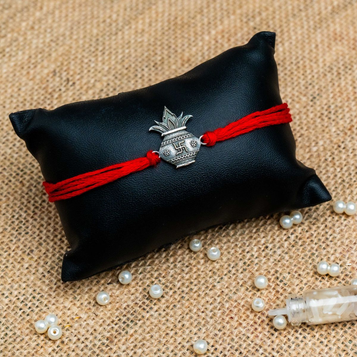 Kalash Silver Oxidized Thread Rakhi for Brother with Roli Chawal