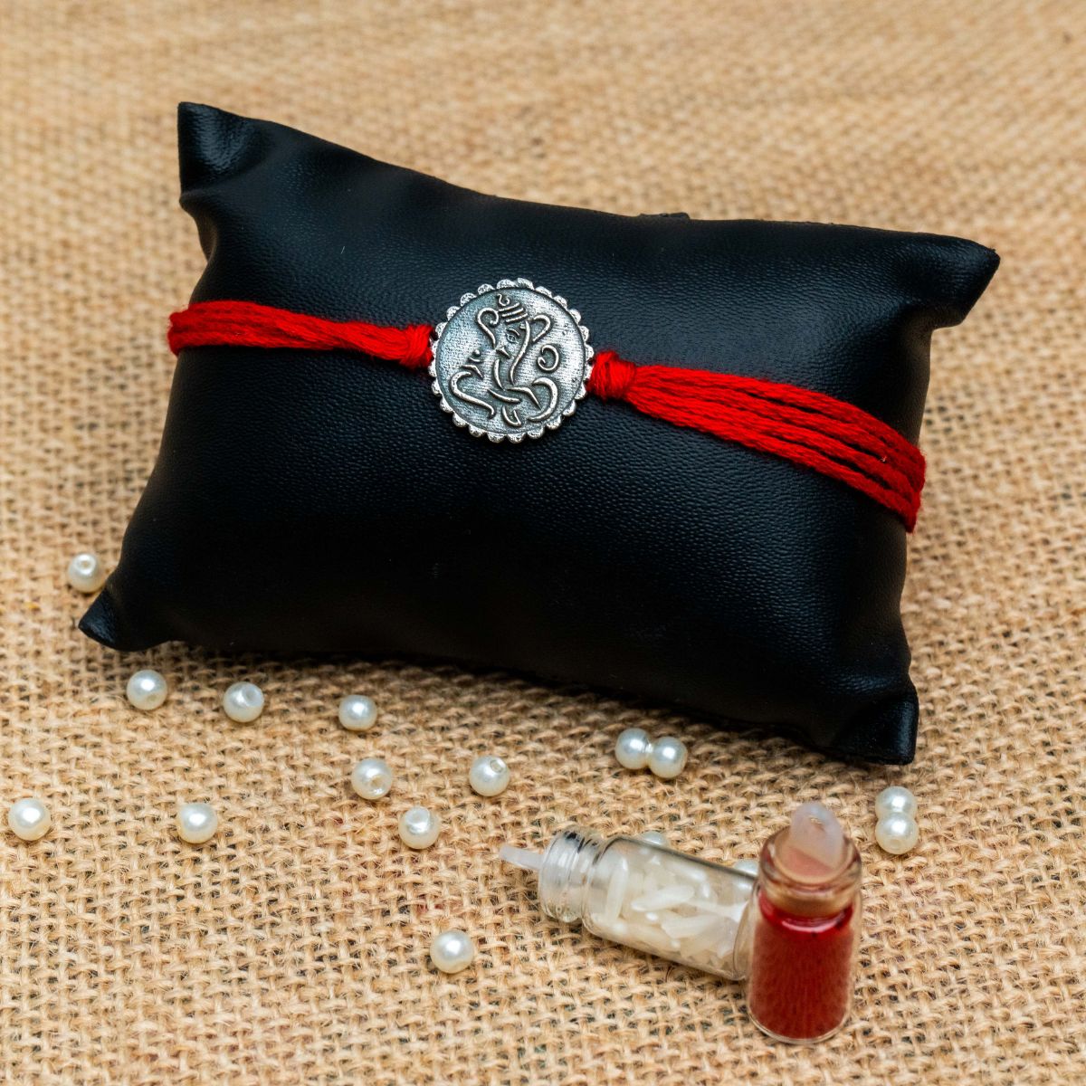 Ganesha Round Base Thread Rakhi for Brother (Silver Oxidized) with Roli Chawal