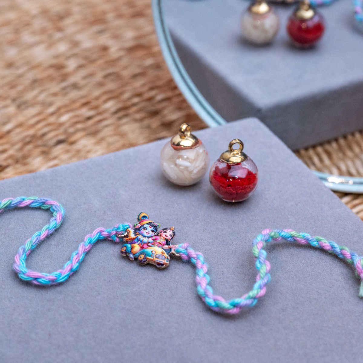 Kids Bal Radha Krishna Rakhi in Thread with Roli Chawal