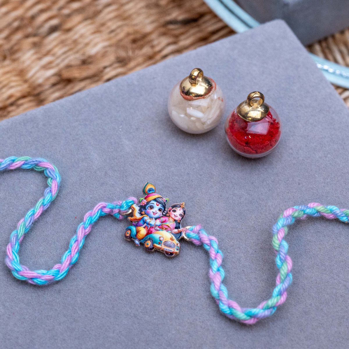 Kids Bal Radha Krishna Rakhi in Thread with Roli Chawal