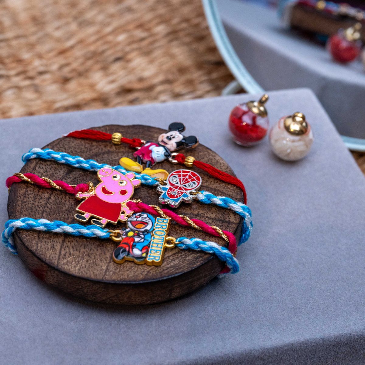 Kids Cartoon Rakhi Pack of 4 with Roli Chawal (Mickey, Spiderman, Doraemon & Peppa Pig)