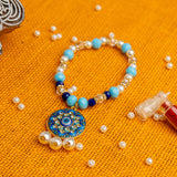 Evil Eye Mandala Bracelet Lumba Rakhi for Bhabhi With Pearl & Crystal( Roli +Chawal)