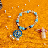 Evil Eye Mandala Bracelet Lumba Rakhi for Bhabhi With Pearl & Crystal( Roli +Chawal)
