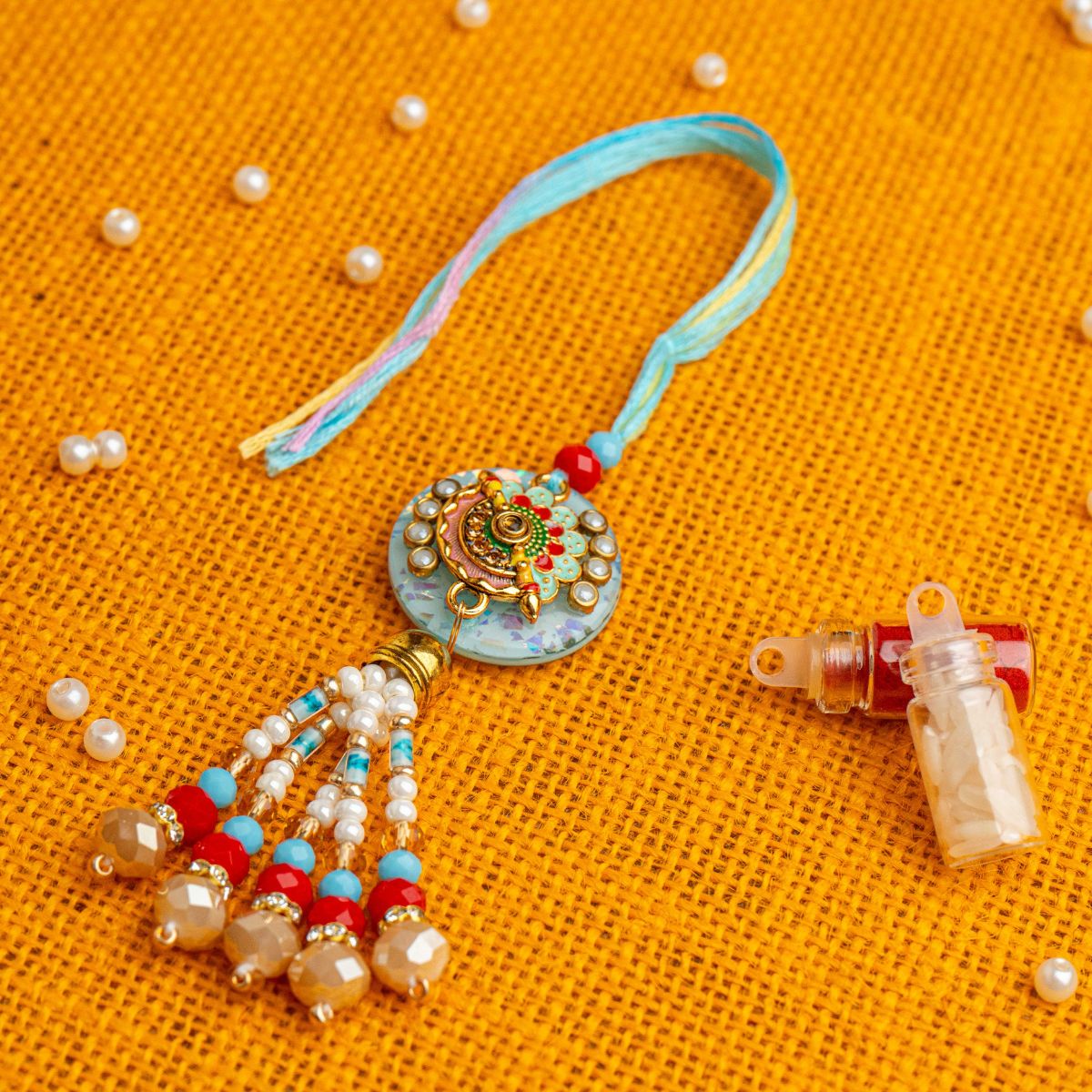 Blue Kundan Flute Lumba Rakhi for Bhabhi With Roli Chawal