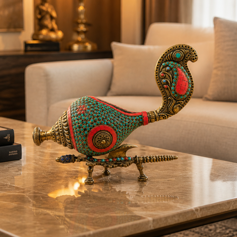 Traditional brass shankh decorative piece with vibrant stone design for living room and pooja setup.