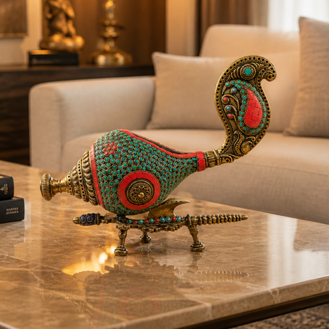 Premium brass conch shell on stand with artistic stonework perfect for gifting and temple decor.