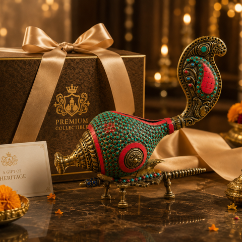 Decorative brass shankh with handcrafted stonework placed on an elegant stand for traditional decor.