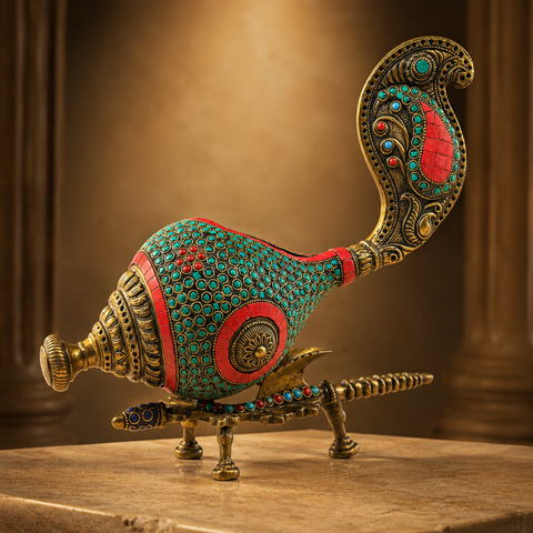 Handmade brass shankh with beautiful red and turquoise stone detailing for festive and spiritual decoration.