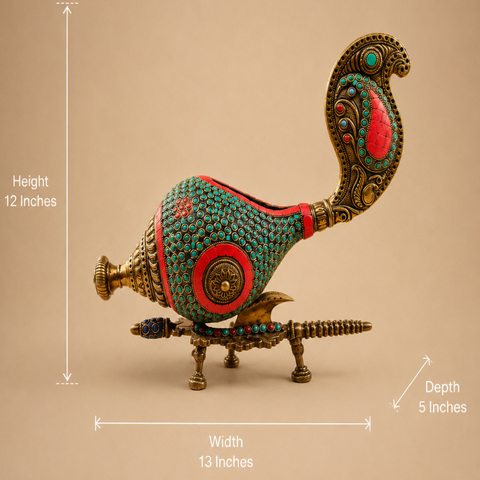 Elegant brass shankh with stand and intricate stonework craftsmanship for home and spiritual decoration.