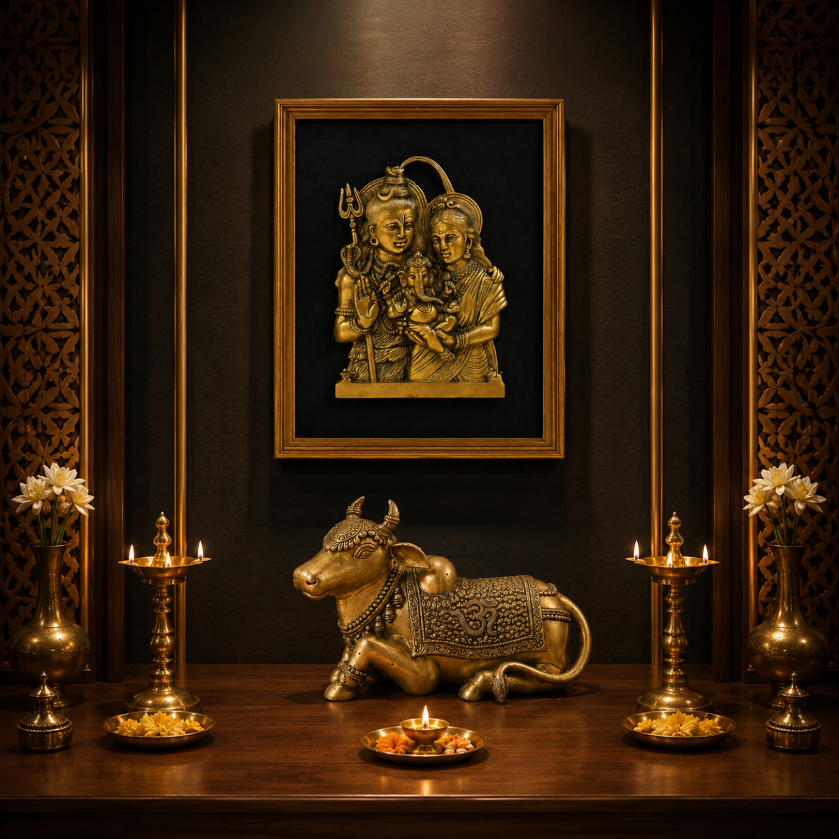 Shiv Parivar Wall Frame & Nandi Statue Combo in Brass