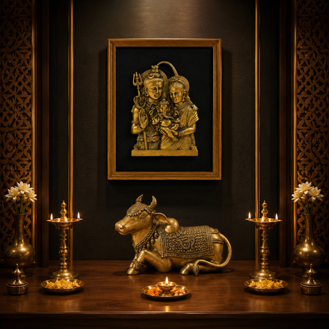 Shiv Parivar Wall Frame & Nandi Statue Combo in Brass