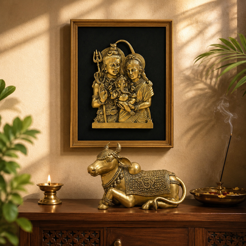 Shiv Parivar Wall Frame & Nandi Statue Combo in Brass