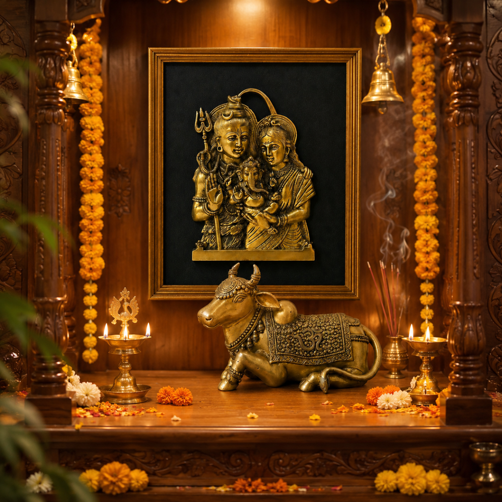 Shiv Parivar Wall Frame & Nandi Statue Combo in Brass