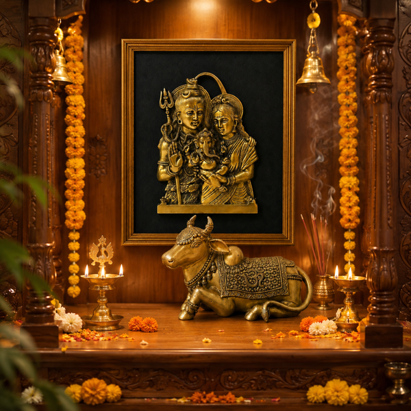 Shiv Parivar Wall Frame & Nandi Statue Combo in Brass