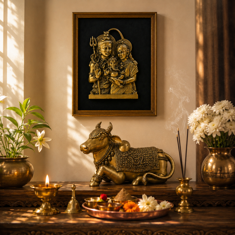 Shiv Parivar Wall Frame & Nandi Statue Combo in Brass