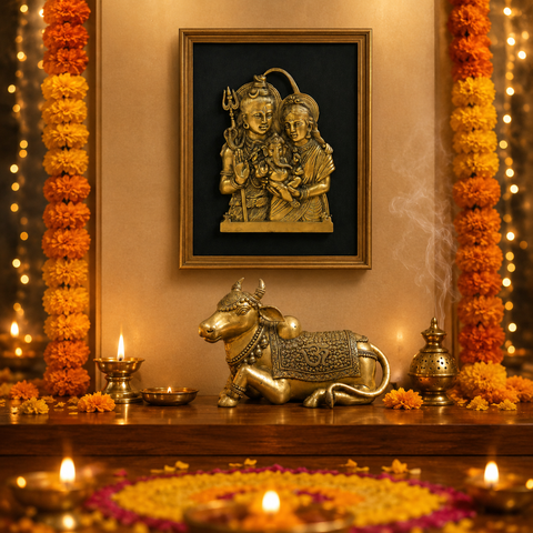 Shiv Parivar Wall Frame & Nandi Statue Combo in Brass