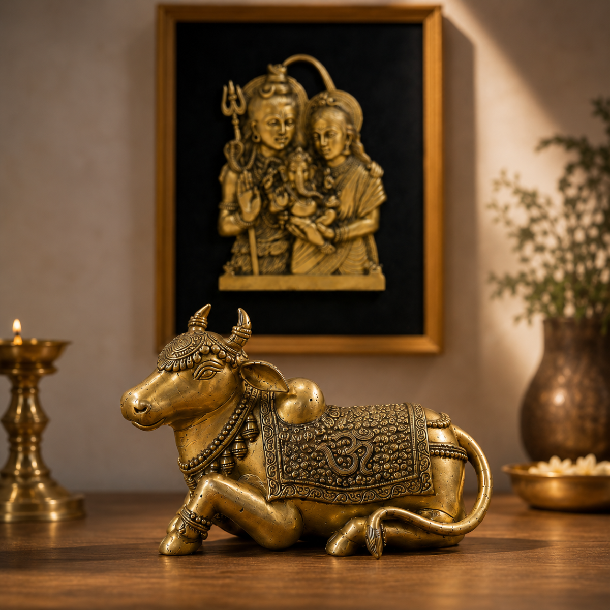 Shiv Parivar Wall Frame & Nandi Statue Combo in Brass
