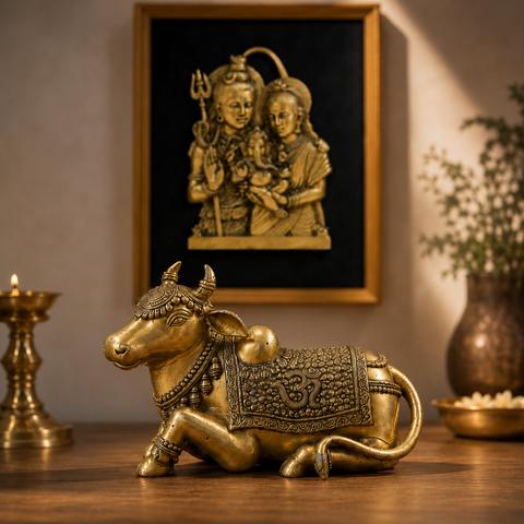 Shiv Parivar Wall Frame & Nandi Statue Combo in Brass