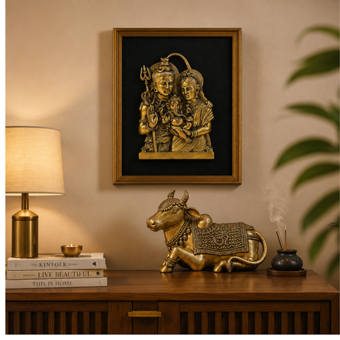Shiv Parivar Wall Frame & Nandi Statue Combo in Brass