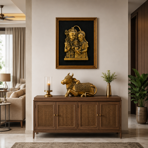 Shiv Parivar Wall Frame & Nandi Statue Combo in Brass