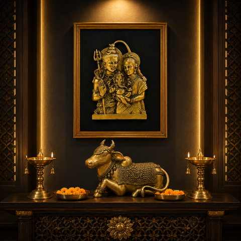 Shiv Parivar Wall Frame & Nandi Statue Combo in Brass