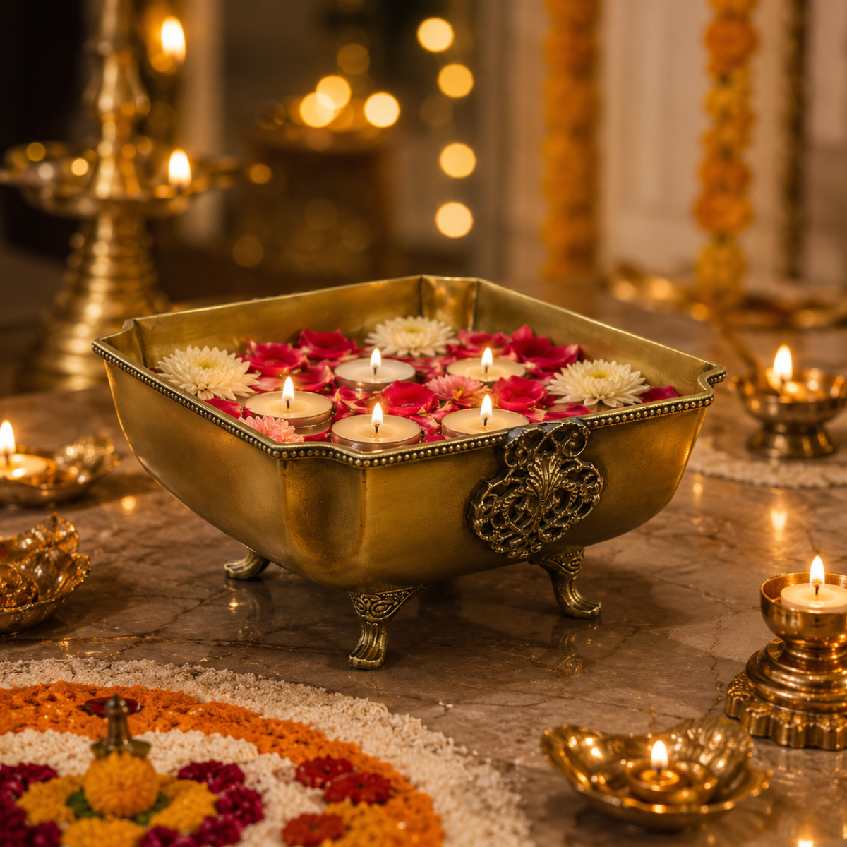 Square Brass Urli Water Bowl for Decor| 3.5 Inch