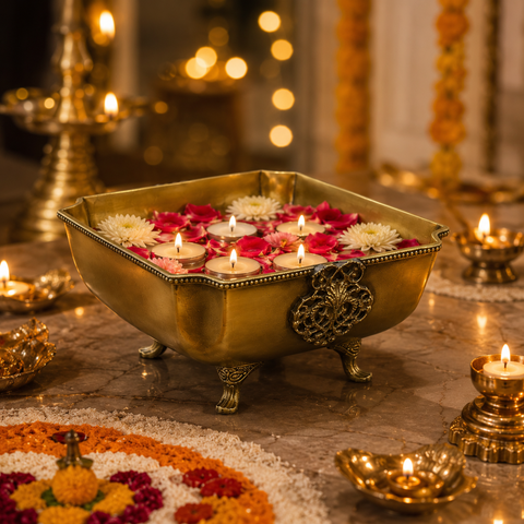 Square Brass Urli Water Bowl for Decor| 3.5 Inch