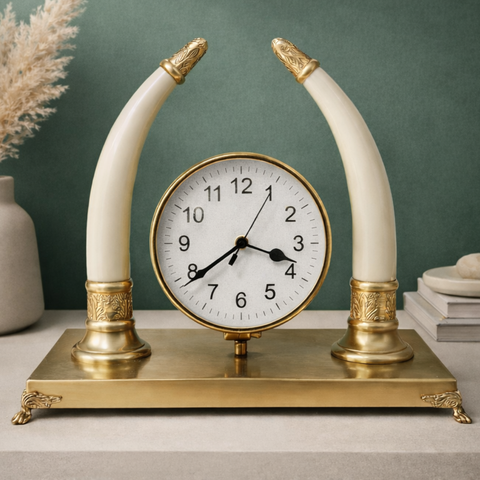 Tusks Table Clock with Brass Base for Living Room & Office | 14 inch