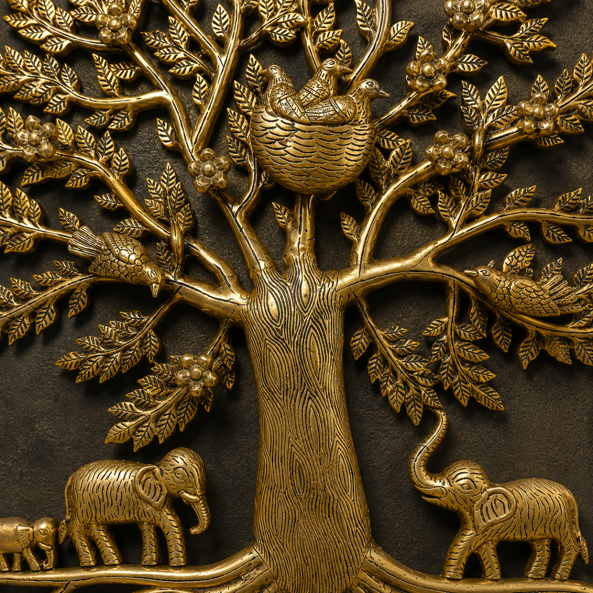 Tree of Life (Kalpavriksha) in Brass with Elephants & Bird Nest