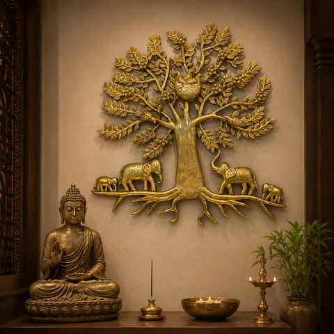 Tree of Life (Kalpavriksha) in Brass with Elephants & Bird Nest