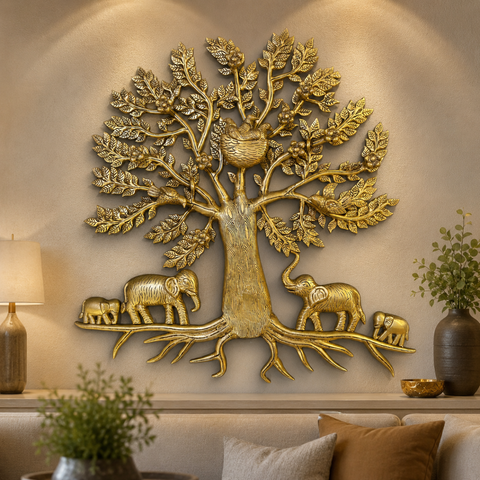 Tree of Life (Kalpavriksha) in Brass with Elephants & Bird Nest