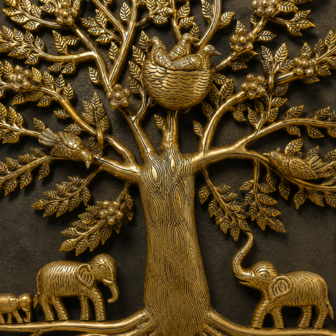 Tree of Life (Kalpavriksha) in Brass with Elephants & Bird Nest