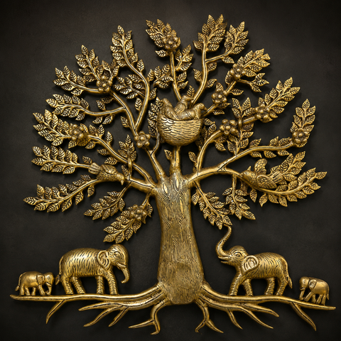 Tree of Life (Kalpavriksha) in Brass with Elephants & Bird Nest
