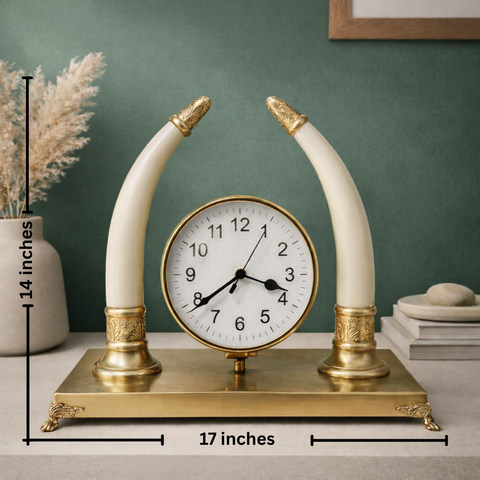 Tusks Table Clock with Brass Base for Living Room & Office | 14 inch