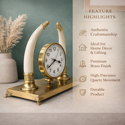 Tusks Table Clock with Brass Base for Living Room & Office | 14 inch